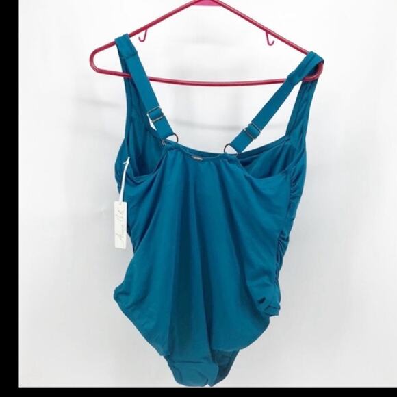 Anne Cole Square Neck Shirred One Piece modest conservative teal size 16W - Picture 2 of 5